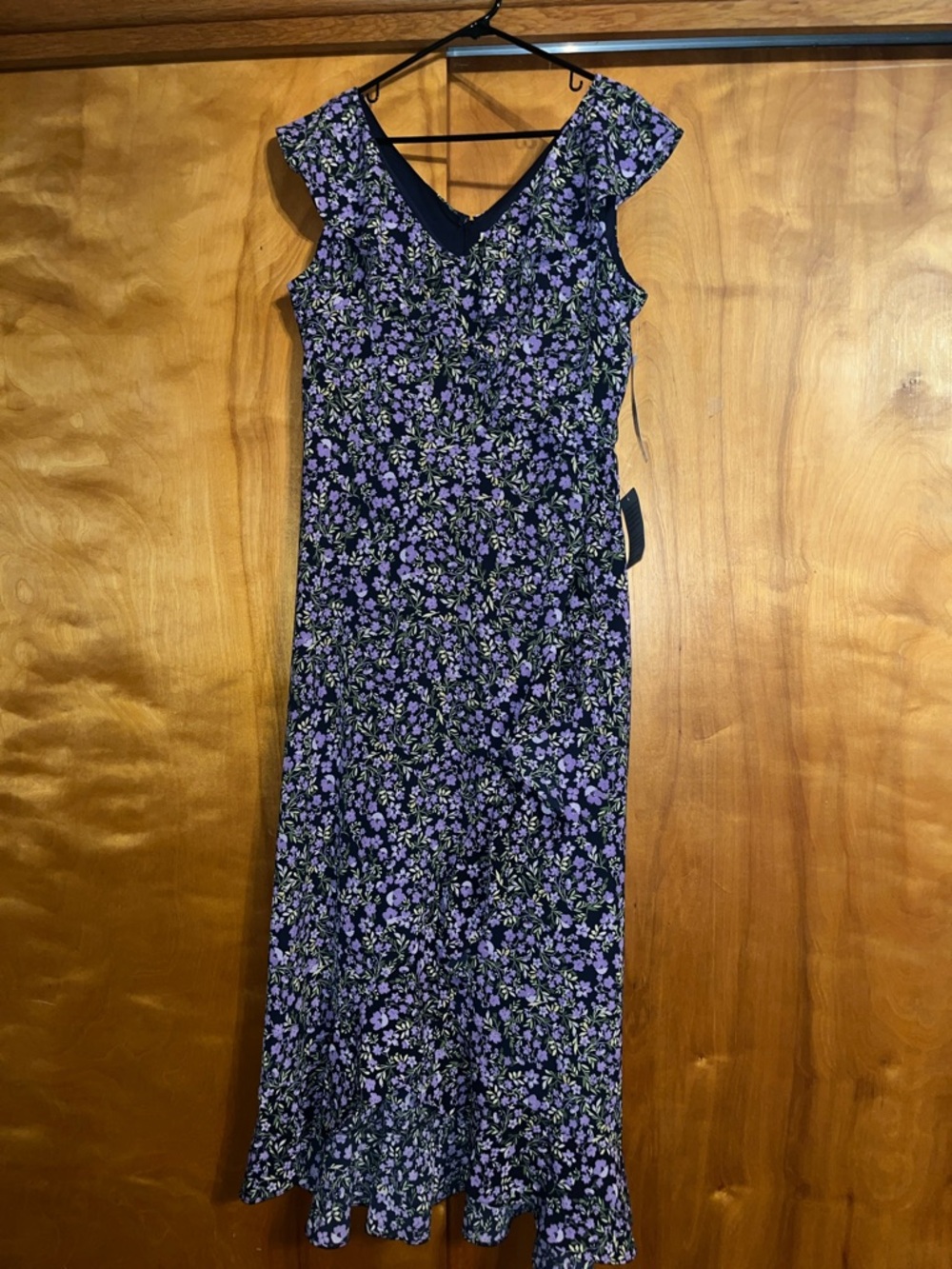 London Times Black and Purple Floral V-Neck Maxi Ruffled Dress